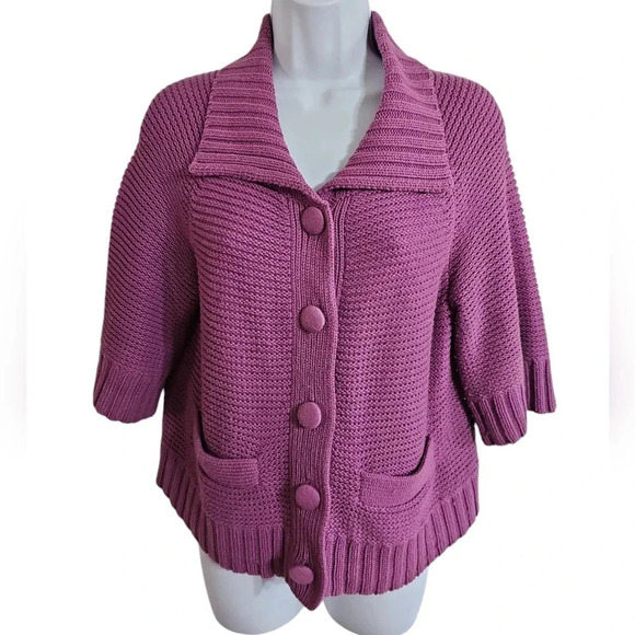 J. Jill Cardigan SP Lavender Cotton Knit Shawl Collar Button Up Short Sleeve - Picture 2 of 7